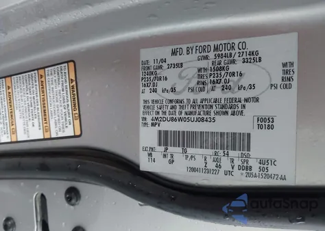 2005 Mercury Mountaineer z USA, uszkodzony, nr VIN 4M2DU86W05UJ08435